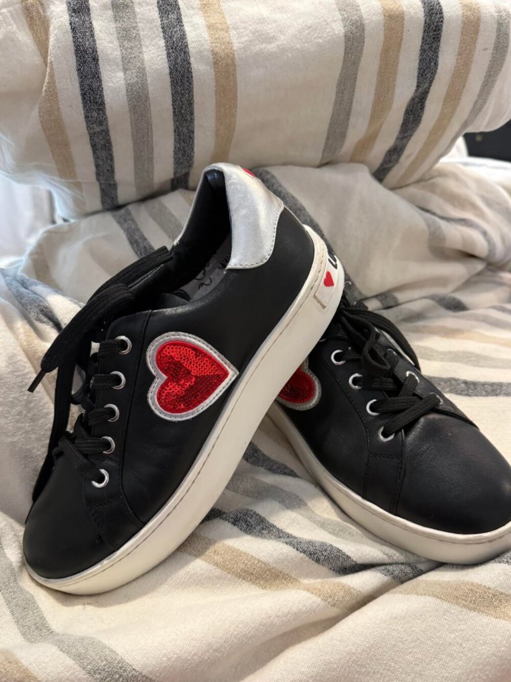 Love Moschino Black Red Heart Logo Lace-Up Sneakers Size 38 EU / US 8